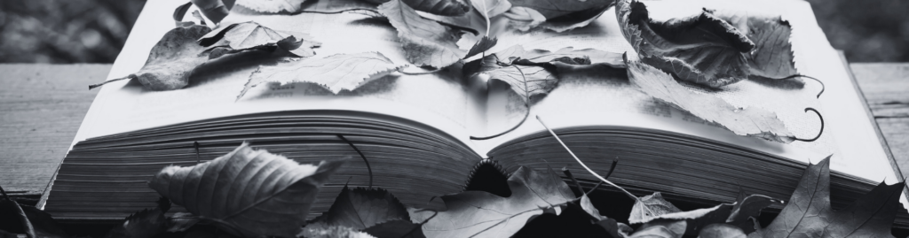 A book in black and white with leaves lying on its open pages