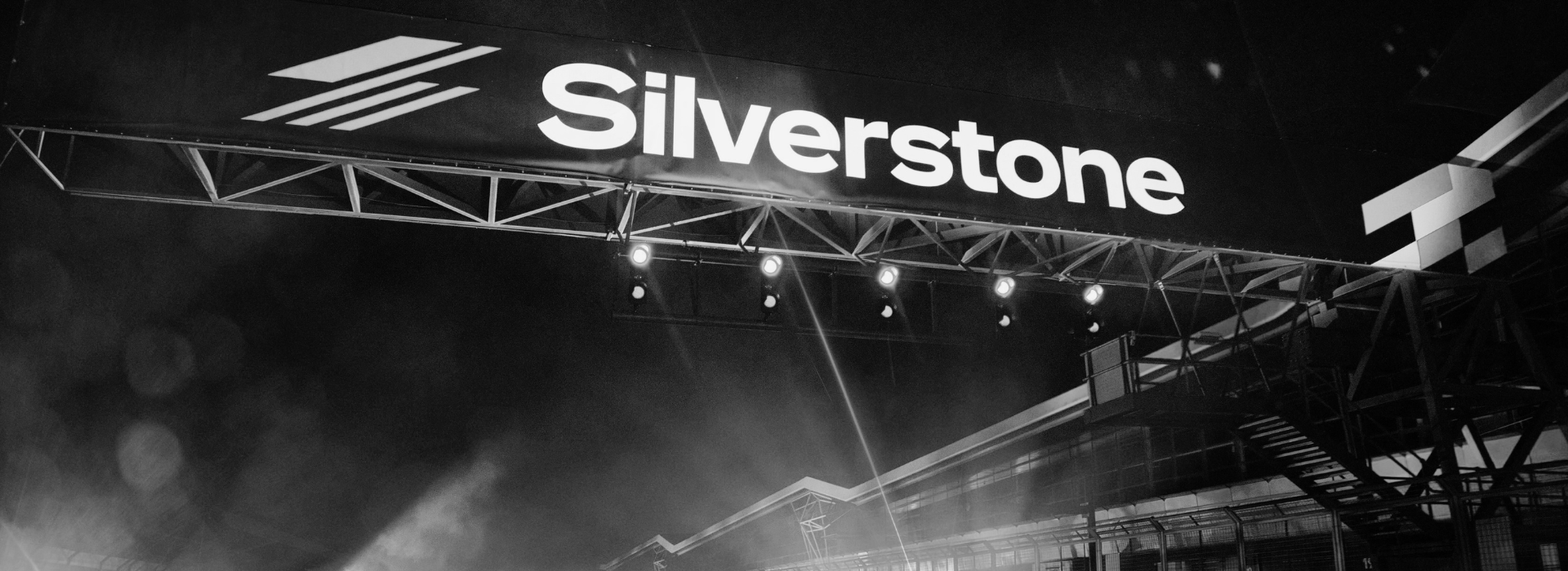 Black and white image of the Silverstone sign.