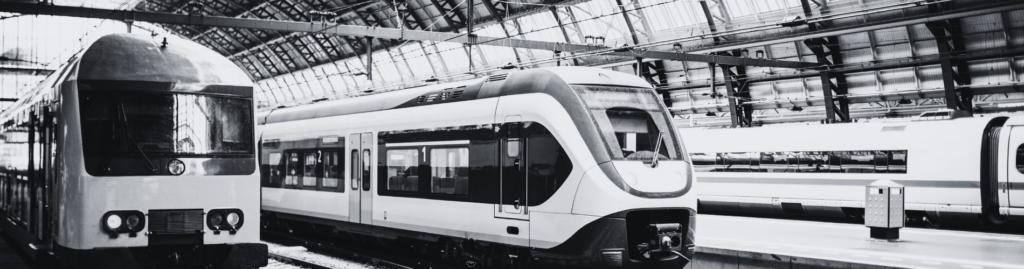 Trains lined up in a European train station