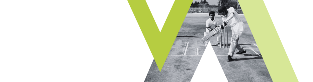 A black and white shot of a cricketer hitting a ball sits within a triangular frame, overlaid with the green BASIS triangle icon.